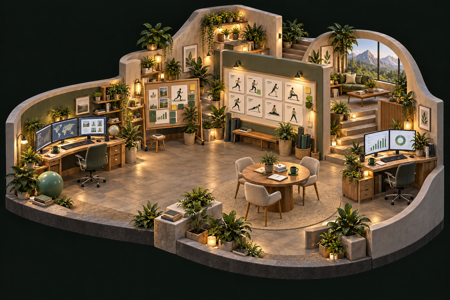 A warm illustrated creative studio with research monitors, campaign boards and an owner’s review table.